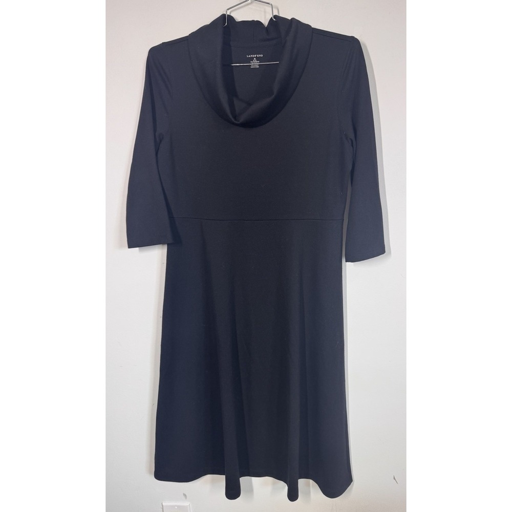 Lands End Black Long Sleeve Cowl Neck A-line Midi Dress Women's M Modest Preppy